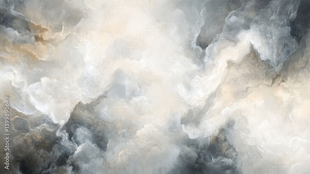Poster abstract clouds swirl in soft hues of gray and beige, creating a tranquil and ethereal atmosphere.