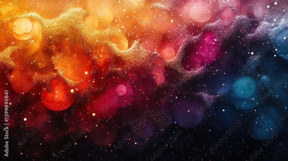 Poster colorful abstract galaxy with sparkling bokeh effect, perfect for backgrounds or overlay textures.