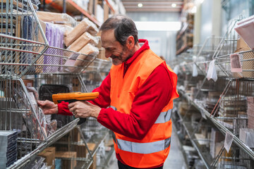 Senior warehouse worker scanning packages with barcode scanner, managing inventory and logistics in large distribution center