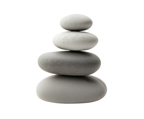 Fototapeta premium Stacked grey stones isolated on white, zen concept for spa wellness. Smooth pebbles show perfect balance, stability harmony. Serene image promotes calm inner balance. Symbol of inner balance.
