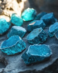 Captivating blue crystal stones on textured rock surface, illuminated by soft light, creating a serene and mineral rich scene with a geological aesthetic
