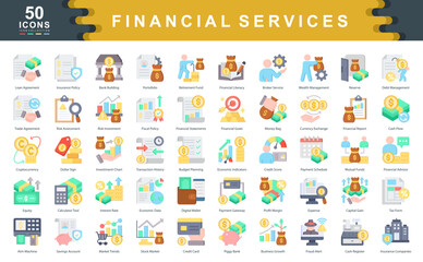 The Financial Services icon set defines key drivers of financial success such as investment, risk assessment, and capital growth, ideal for fintech apps, advisory platforms, and economic planning.