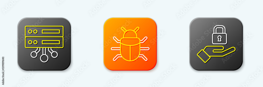 Aufkleber set line server, data, web hosting, system bug and lock hand icon. vector