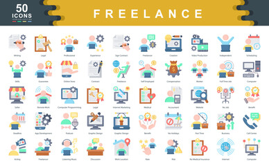 The Freelance icon set defines key drivers of independent work such as flexibility, skill based income, and contract engagement, ideal for remote platforms, gig economy, and creative industries.