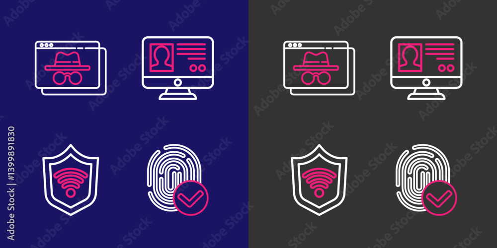 Aufkleber set line fingerprint, shield with wifi wireless, create account screen and browser incognito window 