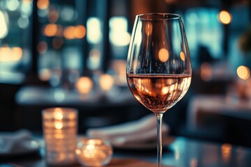 A glass of ros? wine in a restaurant, amidst warm candlelight.