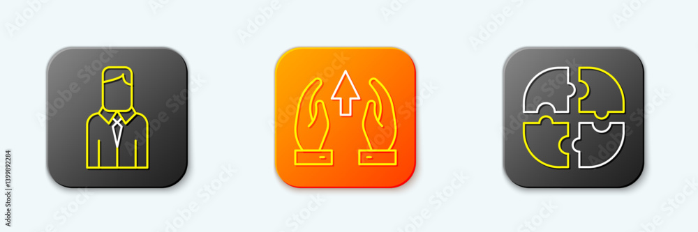 Poster set line worker, growth chart and progress and piece of puzzle icon. vector