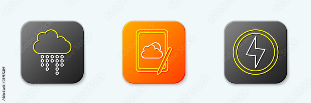 Poster set line cloud with rain, weather forecast and lightning bolt icon. vector