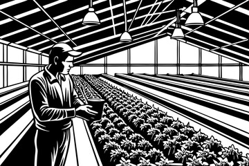 Worker Inspecting Plants in Modern Greenhouse - Illustrative Agricultural Scene in Black and White