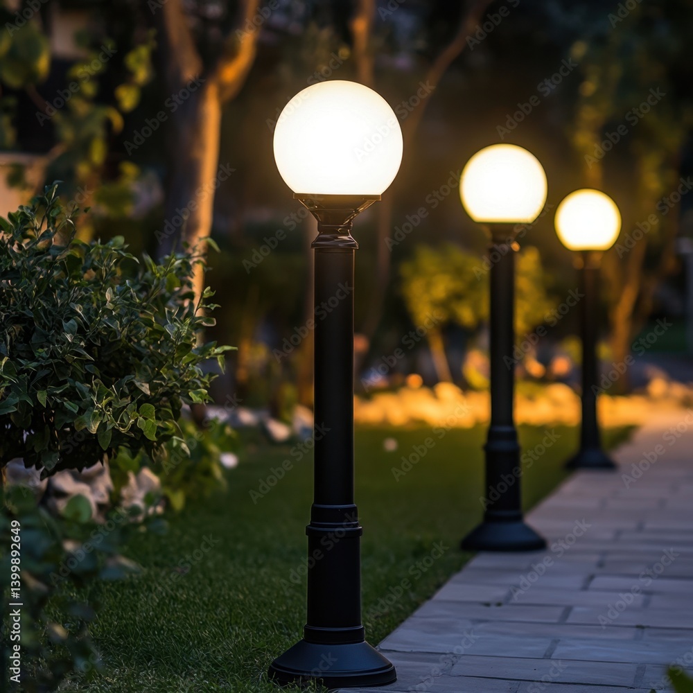 Poster serene evening illumination path of glowing globe lights in tranquil garden setting with lush greene