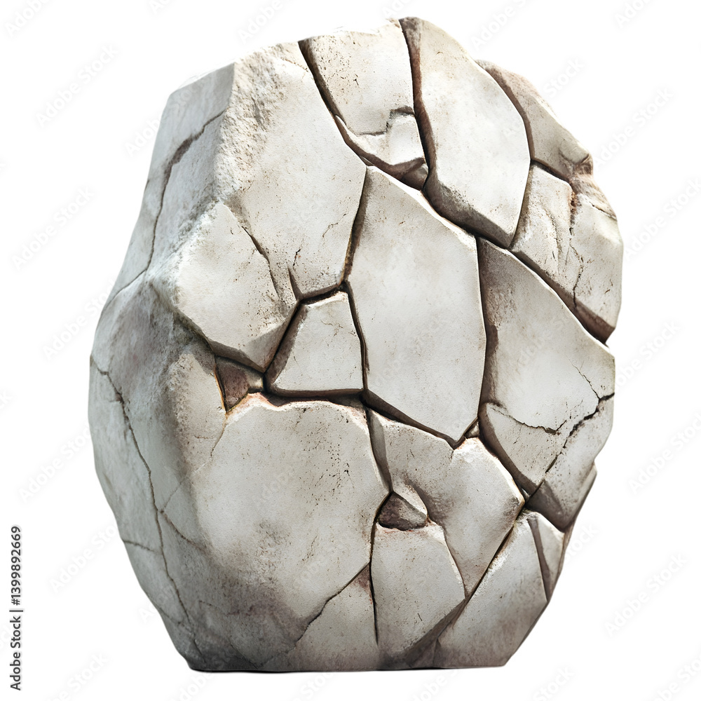 Poster a digitally rendered image of a cracked stone sphere.