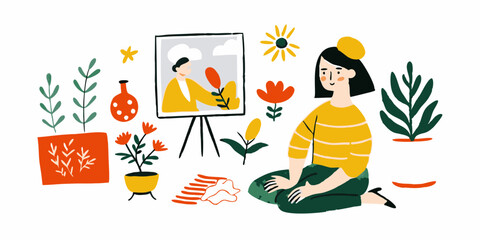 Creative Woman Enjoying Painting and Plants in Modern Artistic Setting with Vibrant Colors