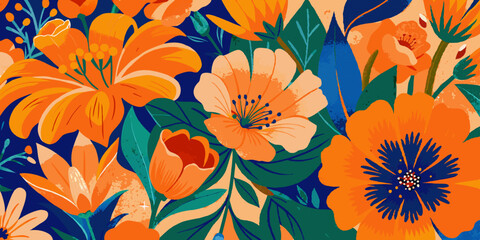 Vibrant Floral Pattern with Orange and Blue Blooms: A Modern Botanical Stock Image