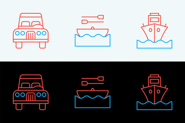 Set line Cargo ship, and Boat with oars icon. Vector