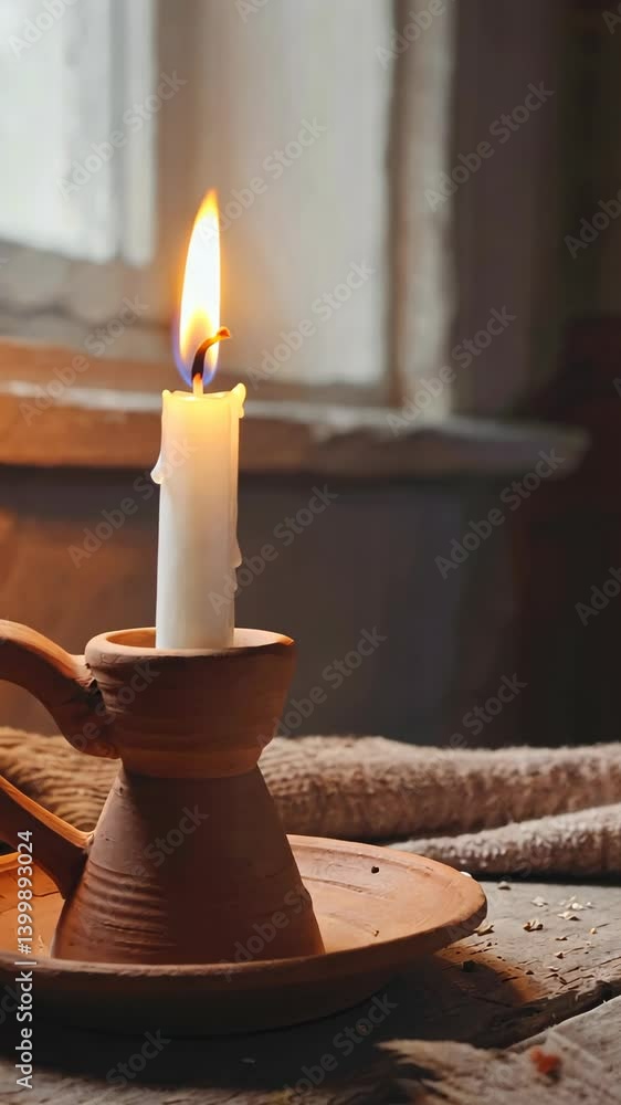 Poster candle flickers warmly in a rustic setting creating an inviting atmosphere with natural light