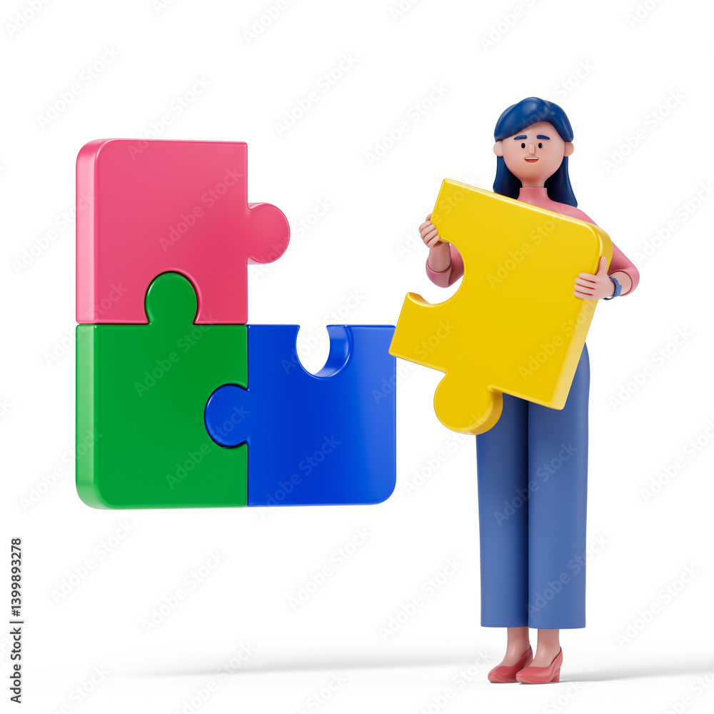 Poster woman holding a puzzle piece, symbolizing problem-solving or teamwork. 3d rendering, conceptual imag