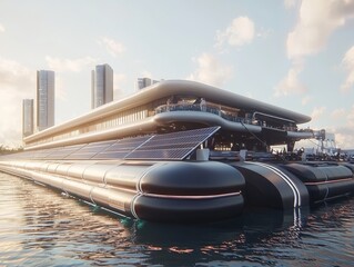 Futuristic floating structure with solar panels, clear sky, and city skyline