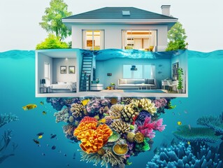 House cutaway revealing coral reef under the water. Interior design visible, with fish