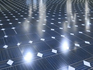 Close-up of a solar panel array, capturing reflections and geometric patterns. Energy and sustainability are key