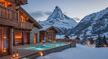 Luxury Chalet with Private Pool at Dusk, Swiss Alps Winter Scene AI Generated © VuongThien