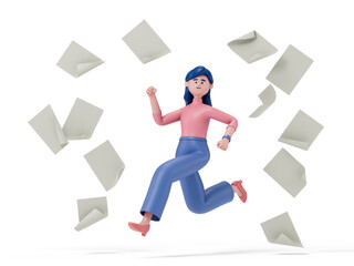 woman running amidst flying papers, symbolizing busy work or information overload. 3D rendering, conceptual image. Isolated on white background.