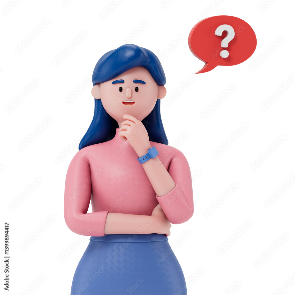 Poster woman with a question mark, symbolizing confusion or seeking answers. 3d rendering, conceptual image
