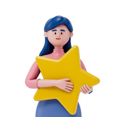 woman holding a yellow star, symbolizing achievement or high rating. 3D rendering, conceptual image. Isolated on white background.