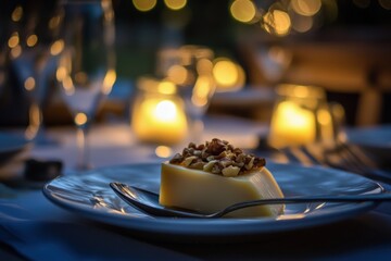 A slice of creamy panna cotta topped with crunchy walnuts, served on a dinner plate.