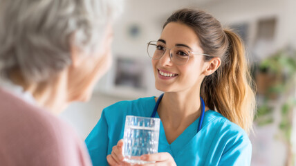 A compassionate nurse offers a glass of water to a senior patient, with a caregiver supporting in a nursing home, aiding elderly rehabilitation during retirement.