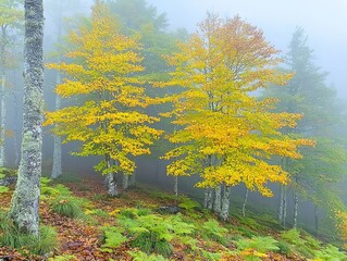 Two trees with bright yellow autumn leaves in foggy forest