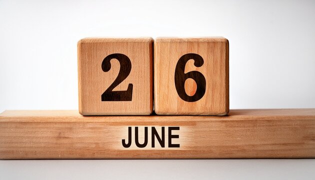Minimalist photo of wooden blocks with date 26 June. Day and month, calendar on white background