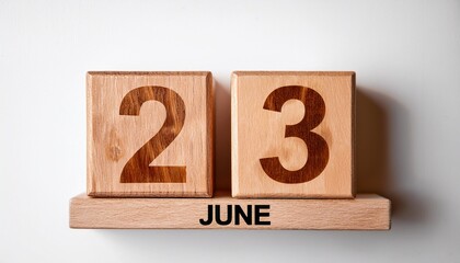 Minimalist photo of wooden blocks with date 23 June. Day and month, calendar on white background