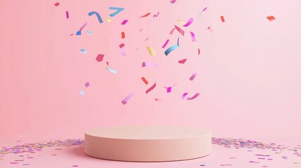 A pastel pink celebration scene with confetti and a podium.