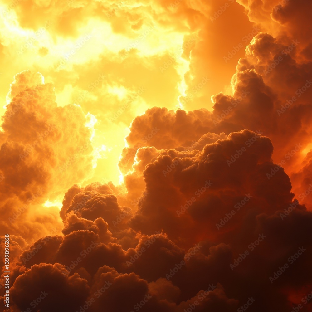 Poster dramatic orange sky with billowing clouds illuminated by sunlight creating a fiery and celestial atm