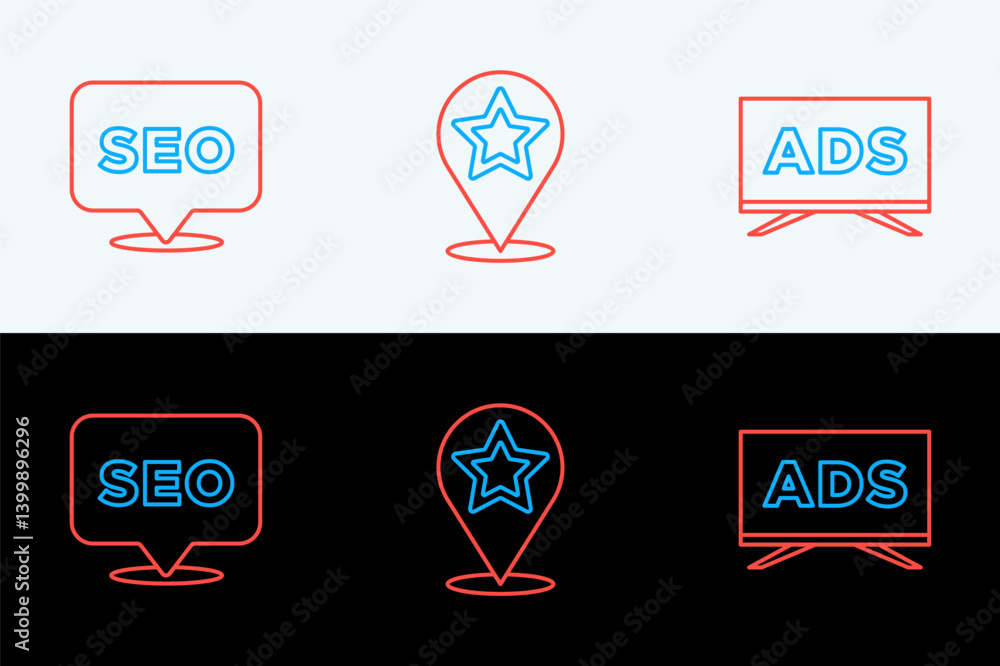 Poster set line advertising, seo optimization and map pointer with star icon. vector