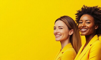 Two diverse women smiling in yellow outfits against a yellow background.