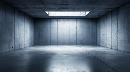 A spacious, minimalist area features raw concrete walls and a skylight allowing natural light to flood in. The floor reflects hints of the light, creating a serene ambiance.Copy space