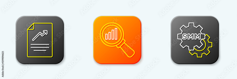 Poster set line document with graph chart, magnifying glass and analysis and social media marketing icon. v
