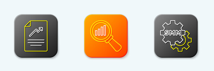 Set line Document with graph chart, Magnifying glass and analysis and Social media marketing icon. Vector