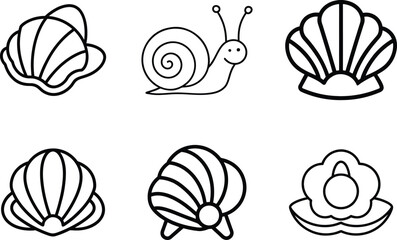 Sea Shells and Snail Line Art Icons – Minimalist Marine Life Clipart Set 