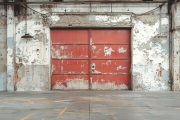 Distressed red door in aged industrial warehouse with peeling paint and vintage lighting creating a sense of history and decay