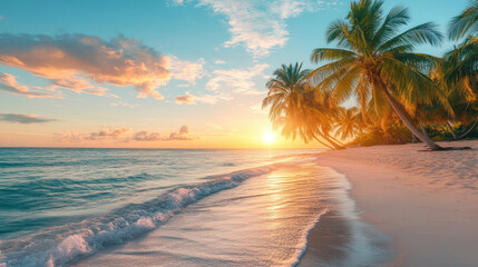 Fototapeta premium Golden sunlight reflects off calm waters while palm trees frame the shore. The warm colors of sunset create a serene and peaceful atmosphere in this tropical paradise