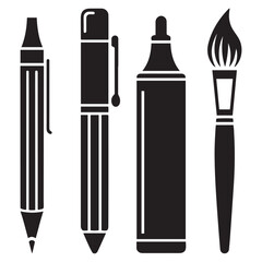 Collection of Vector Black silhouettes icons for writing and artistic tools: pen, pencil, marker, paintbrush. with white background