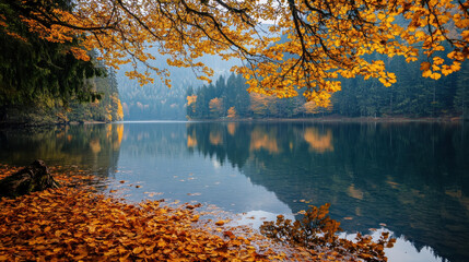 Obraz premium Vibrant yellow and orange leaves fall onto the calm surface of a lake surrounded by dense forest. The early morning fog adds to the tranquil atmosphere