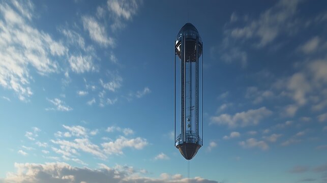A futuristic, glass-enclosed sky-high elevator against a partly cloudy sky.