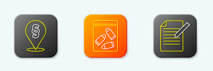 Set line Location law, Evidence bag and bullet and Document pen icon. Vector