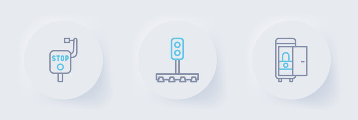 Set line Toilet in the train car, Train traffic light and Emergency brake icon. Vector