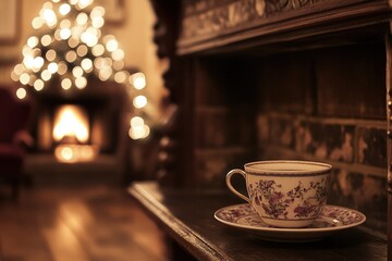Fototapeta premium A vintage teacup sits on a dark wooden shelf against a cozy fireplace scene.
