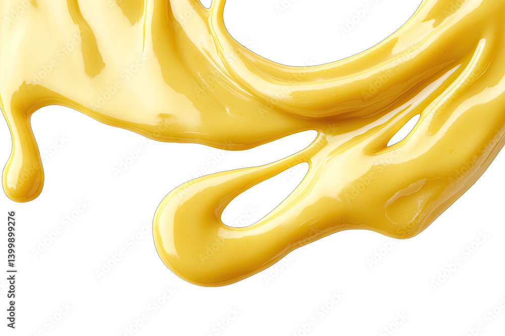 Poster a vibrant swirl of yellow condiment resembling mustard flows elegantly against a white background em
