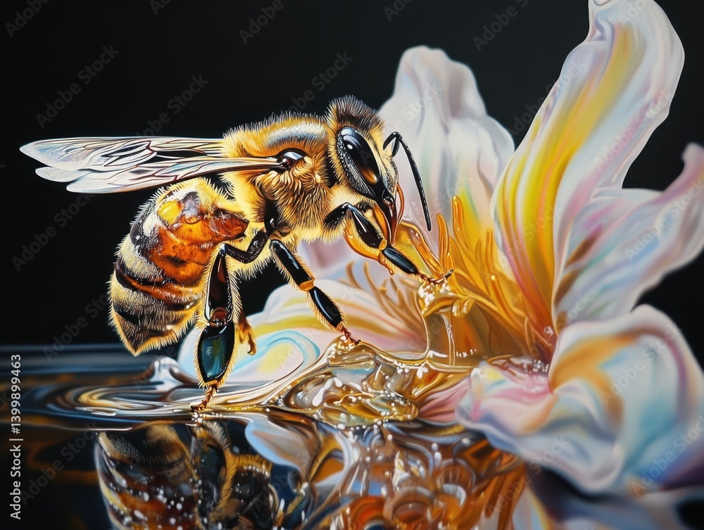 Poster captivating close up of a bee collecting nectar from a flower with dark background in a painting sty